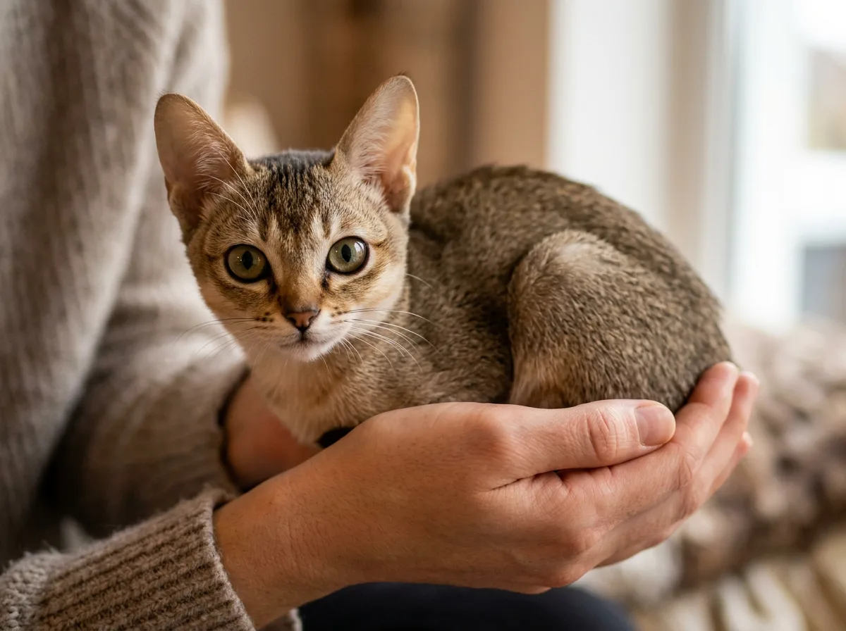 A small adult Singapura cat cradled in two open human hands to show how tiny the breed is.