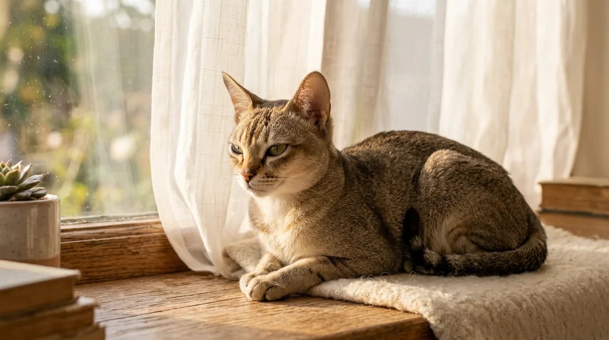 A Singapura cat with a sepia agouti ticked coat resting on a sunlit windowsill in warm light.