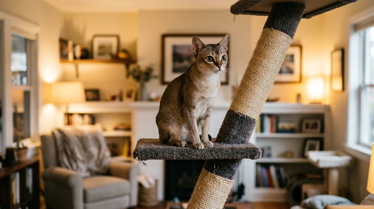 A small Singapura cat perched on the top of a tall cat tree, showing how athletic the breed is.