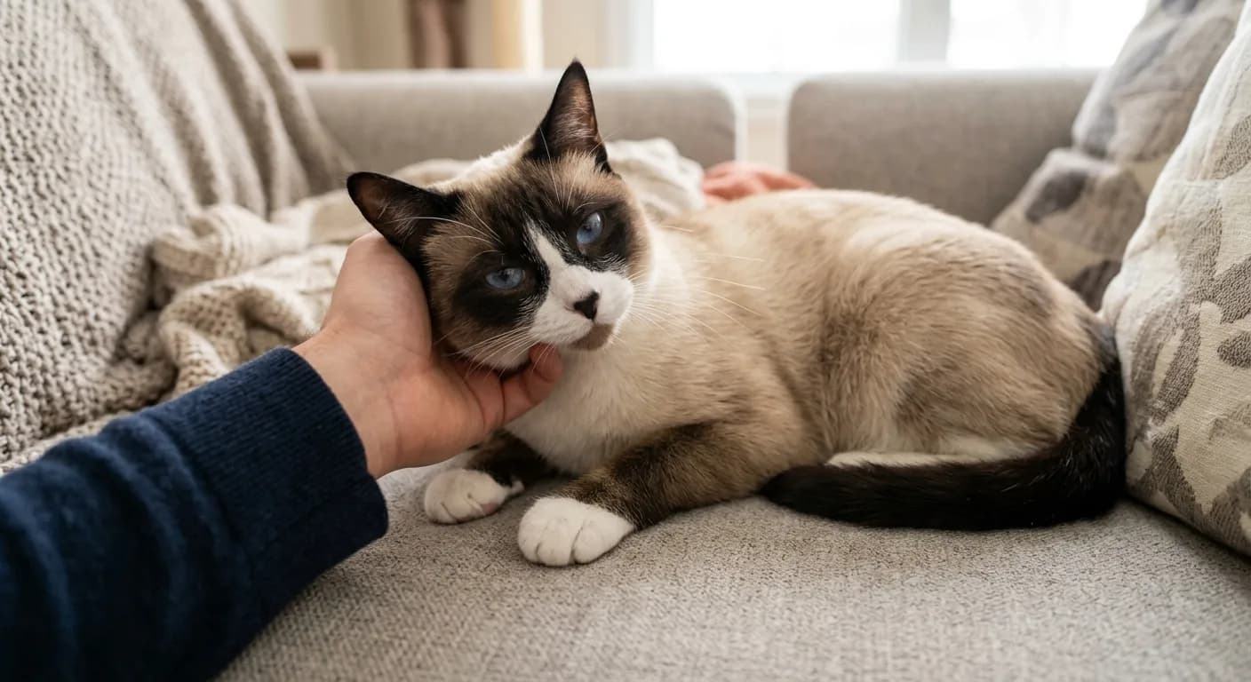 A medium-to-large short-haired pointed Snowshoe cat with a pale cream body, dark seal points on the ears, mask, and legs, crisp white boots on all four paws, an inverted white V over the muzzle, and striking blue eyes, nuzzling against a person's hand on a sofa