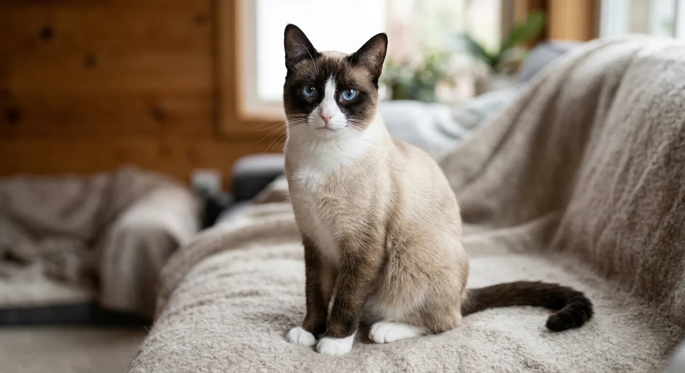 A medium-to-large short-haired seal point Snowshoe cat with a pale cream body, dark seal-brown points on the ears, mask, legs and tail, crisp white boots on all four paws, an inverted white V over the muzzle, and striking blue eyes, sitting upright on a soft neutral background