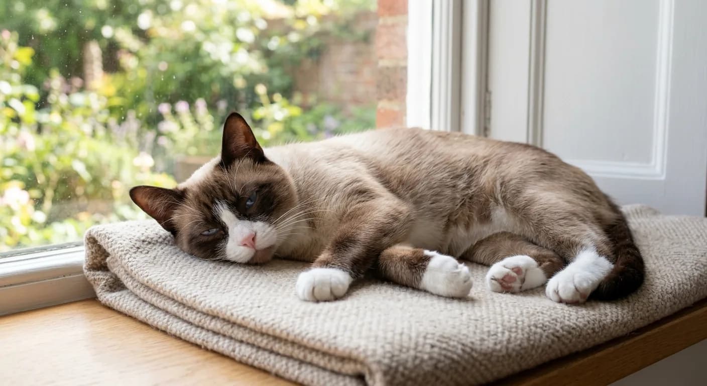 A chocolate point Snowshoe cat with warm milk-chocolate ears, mask and legs, white boots on the paws and a white chin and muzzle V, lounging on its side on a window perch in soft daylight, blue eyes half-closed