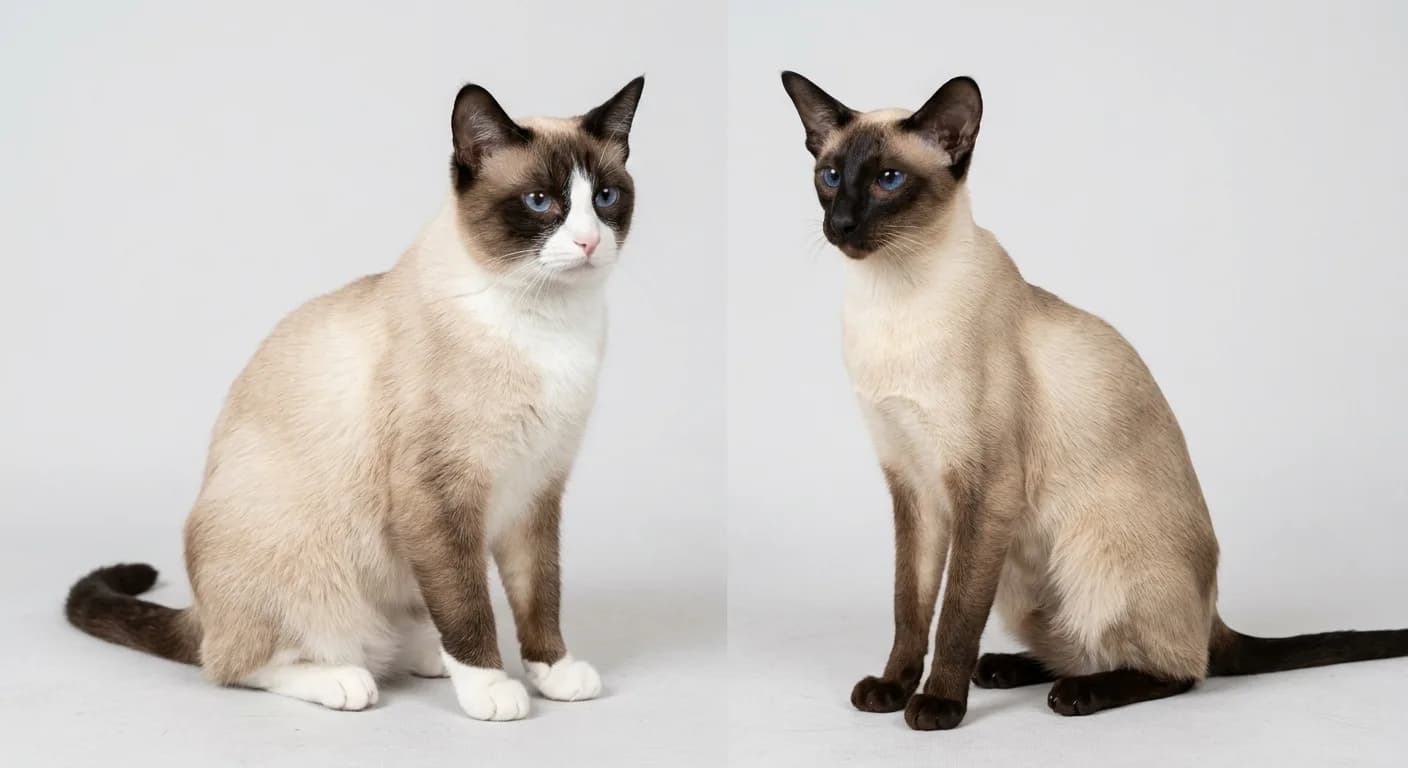 A side-by-side comparison of a seal point Snowshoe cat with white boots, white facial V, rounder head and sturdy body on the left, and a slim seal point Siamese with solid dark paws, a long wedge-shaped head and no white markings on the right, both with blue eyes, plain studio background
