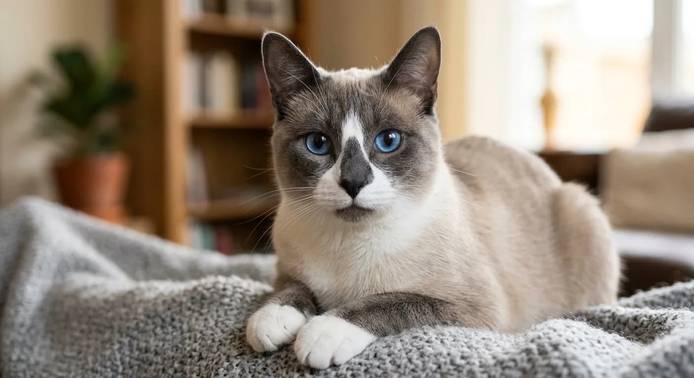A close-up of a blue point Snowshoe cat showing the crisp inverted white V running down the nose and muzzle and the white boots on the front paws, with slate-grey points and round blue eyes, on a soft indoor background