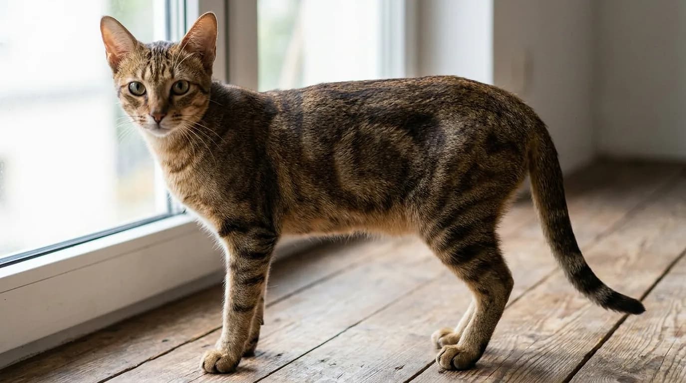 Lean Sokoke standing indoors with broad ticked tabby markings