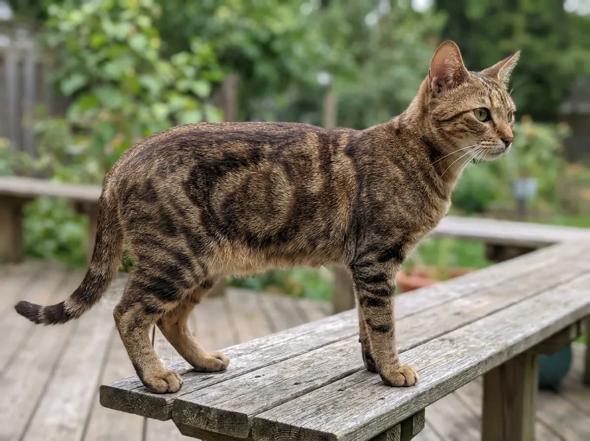 Sokoke in side profile showing its modified classic tabby flank pattern