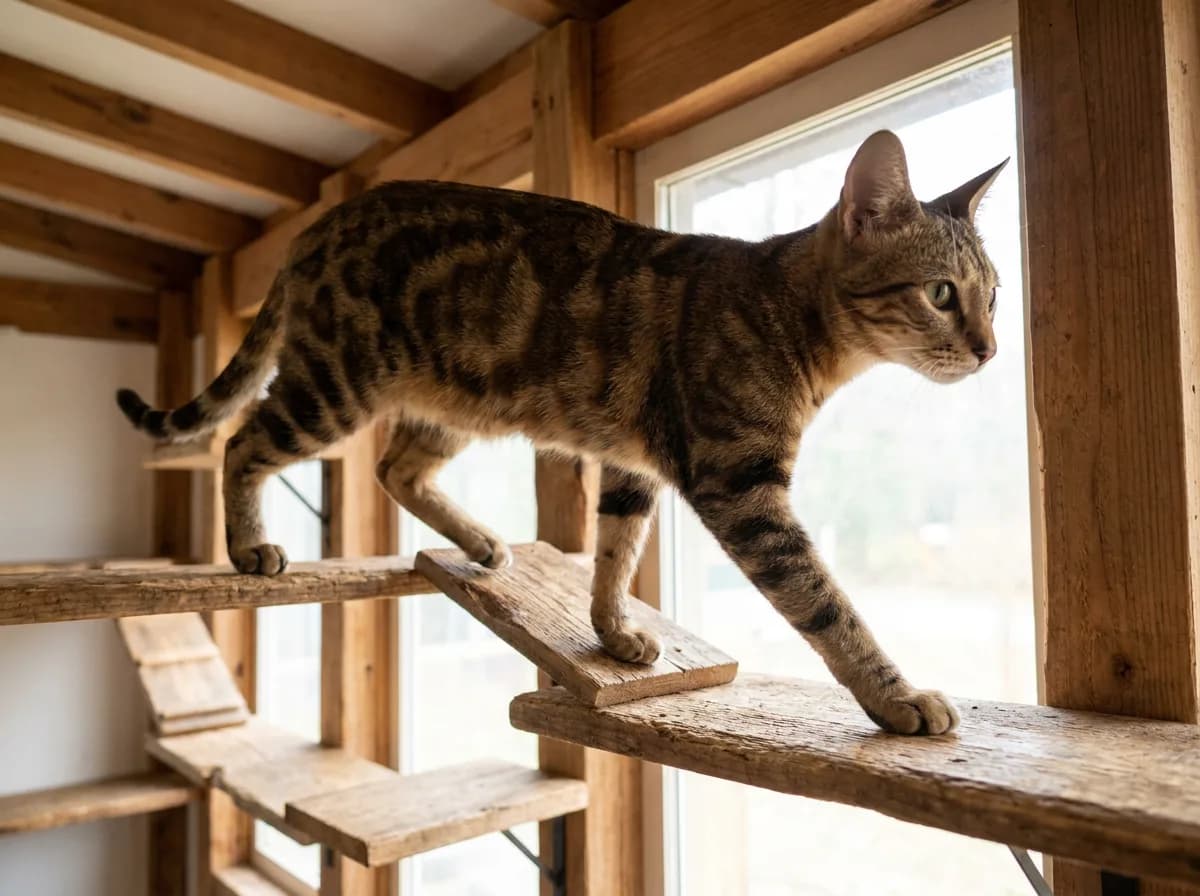 Sokoke walking across stable indoor climbing platforms