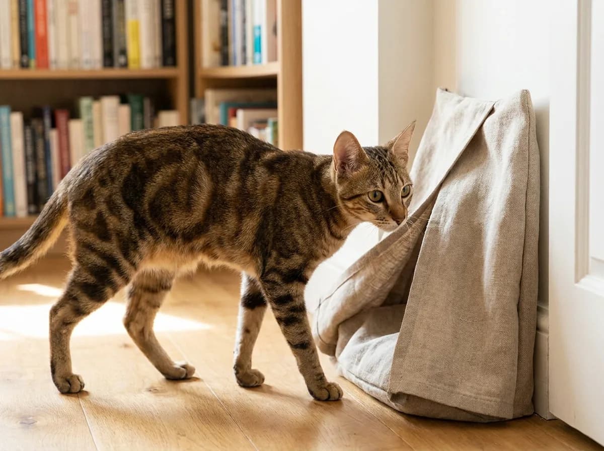 Sokoke approaching a fabric hideaway in a quiet room