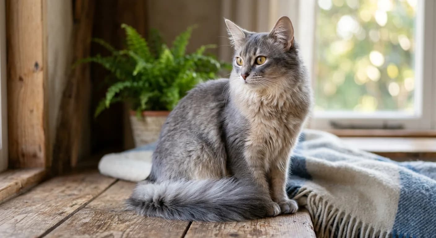 A blue Somali cat with soft slate-blue ticking over a warm cream undercoat sitting in natural light