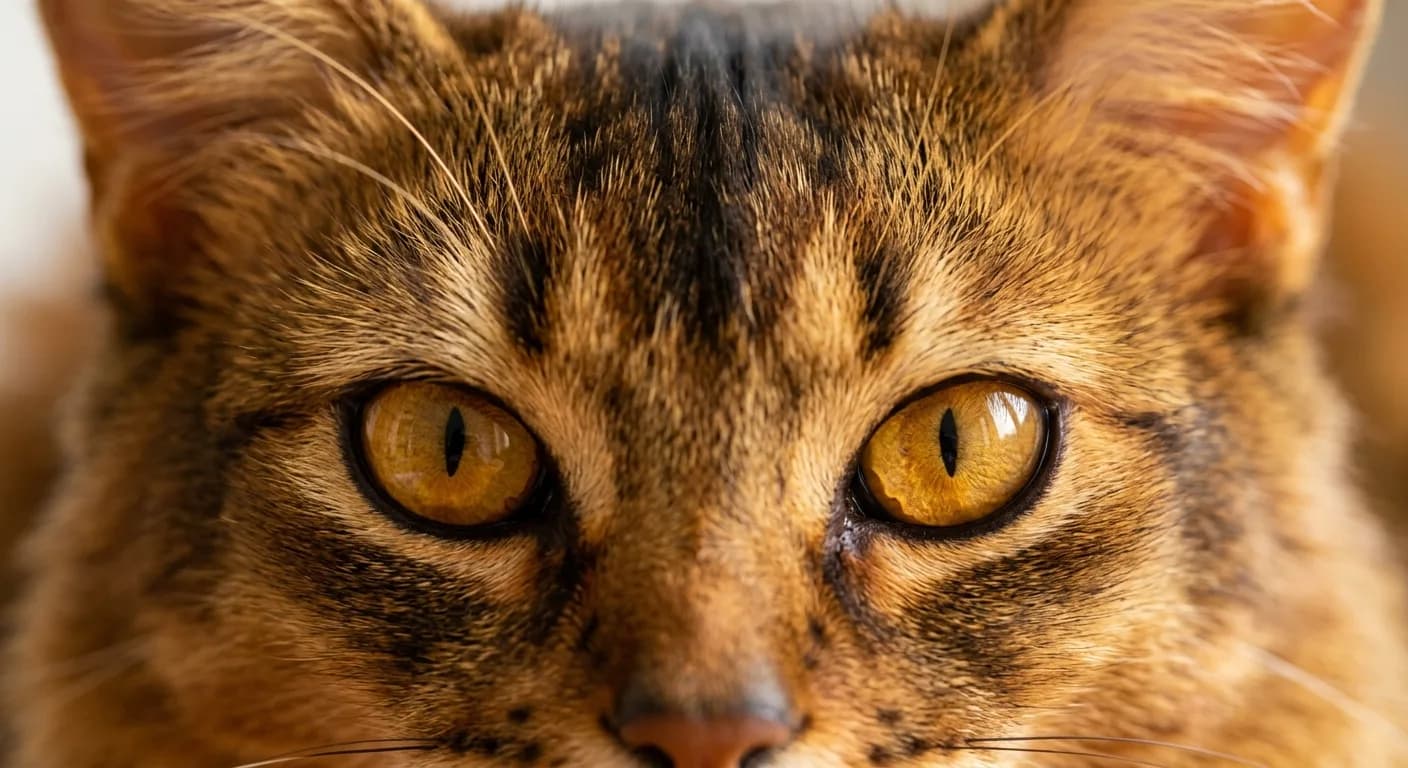 Close-up of a Somali cat showing large almond-shaped amber-gold eyes with a dark eyeliner ring