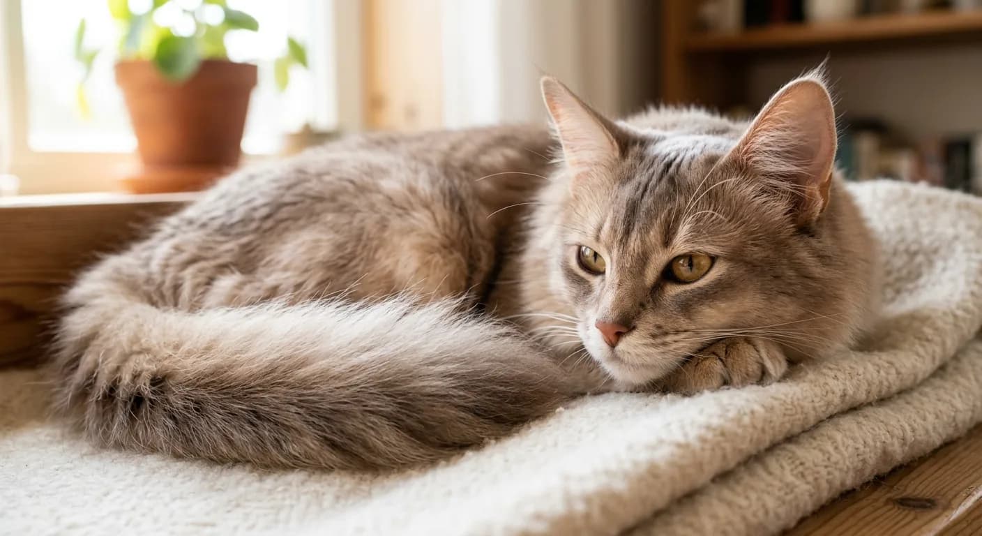 A fawn Somali cat showing warm pinkish-buff ticking over a pale rose-cream base with amber-gold eyes
