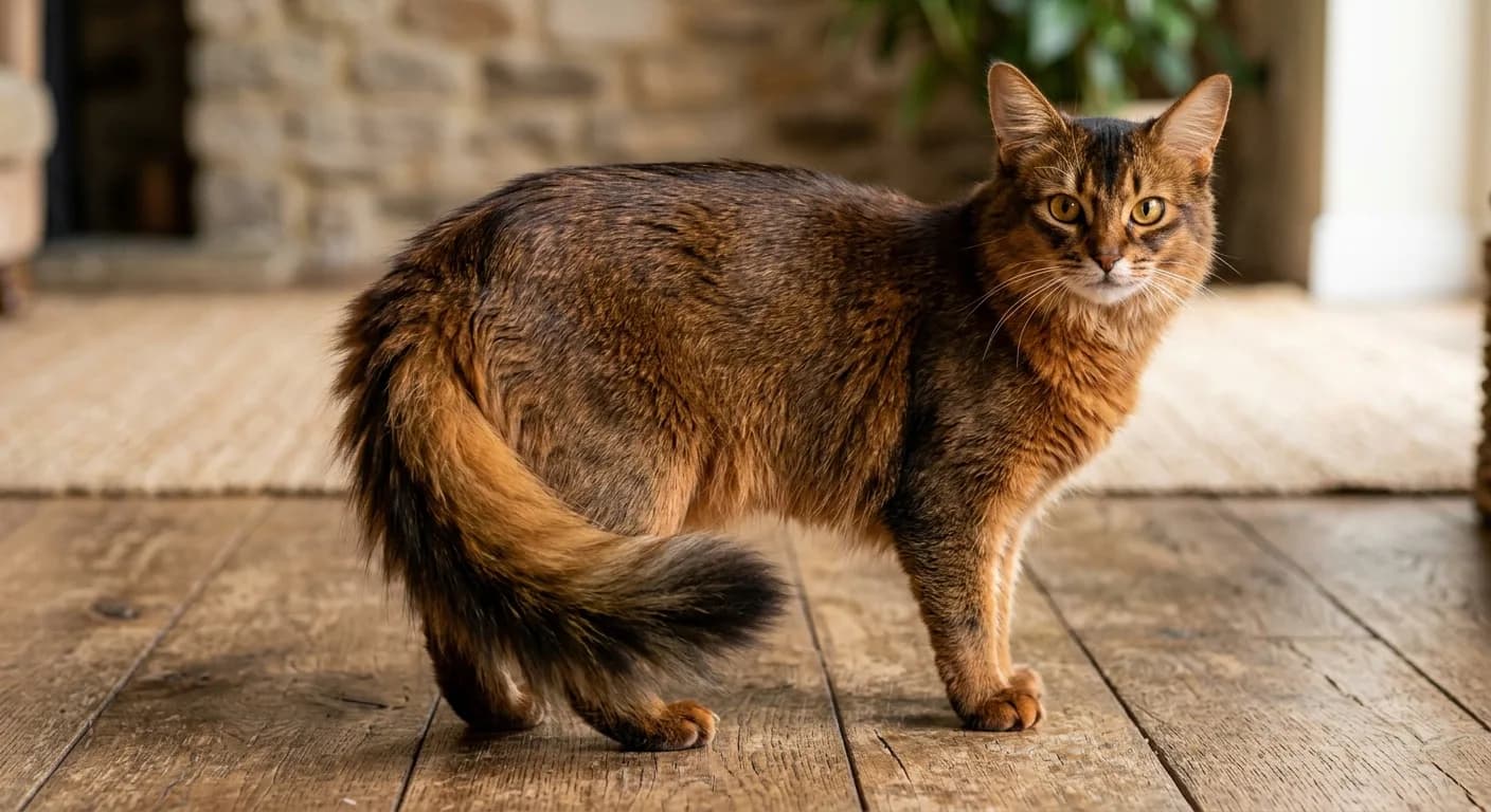 A ruddy Somali cat with warm reddish-brown ticked coat, bushy fox-plume tail, and amber-gold eyes in natural light