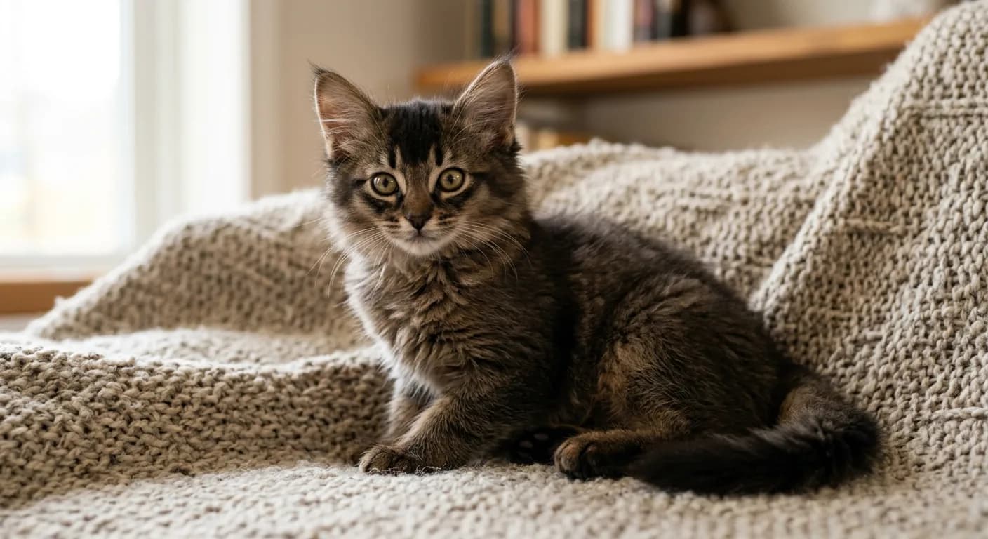 A young Somali kitten with muted not-yet-developed ticking showing the darker juvenile coat