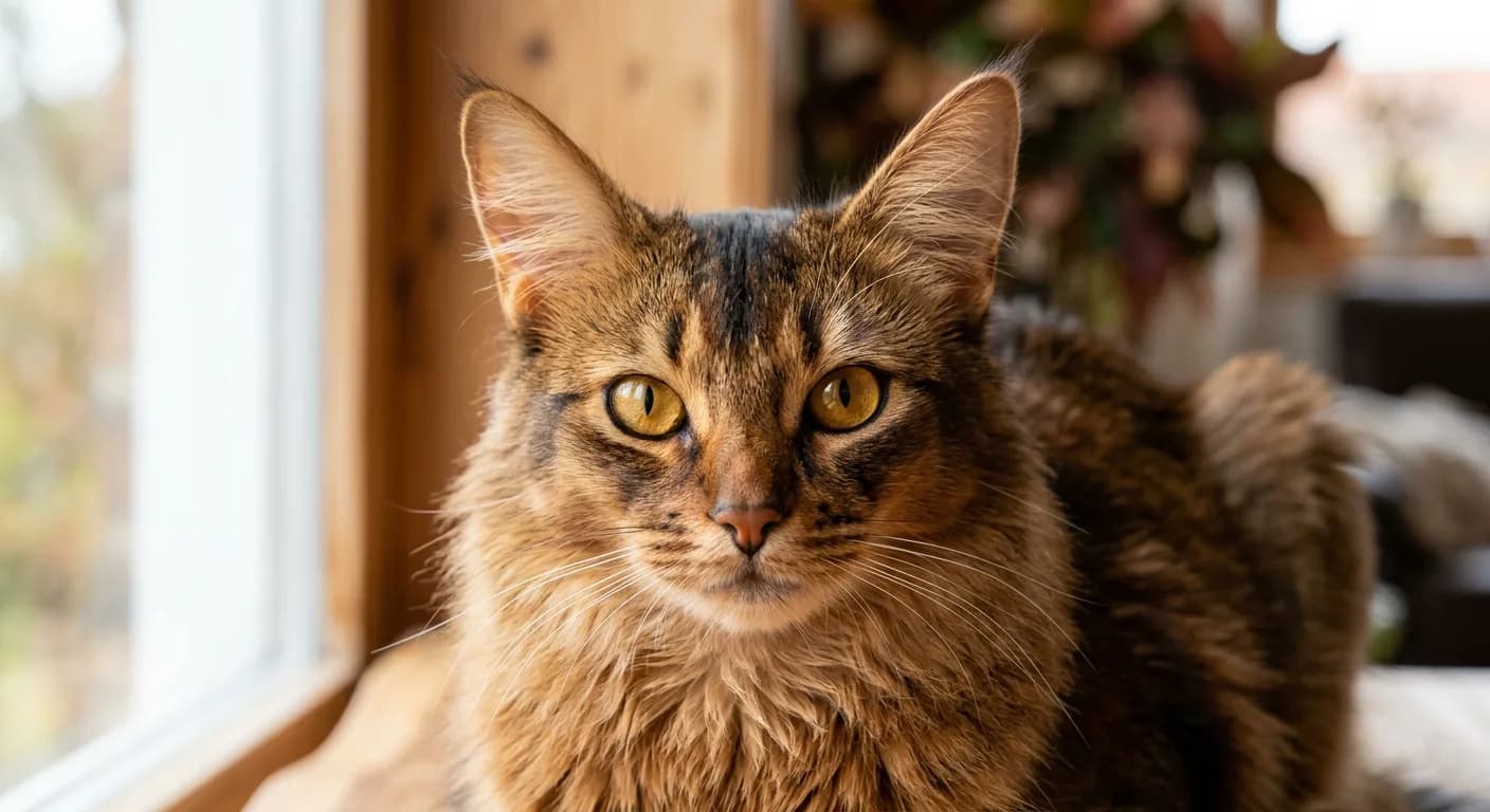 Close-up of a ruddy Somali cat face showing warm reddish-brown ticking, amber-gold eyes, and dark eyeliner ring