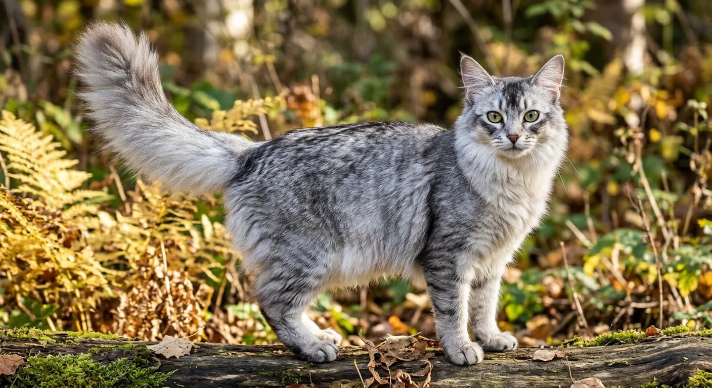 A silver Somali cat with sparkling white undercoat and distinct dark ticking bands visible in raking light