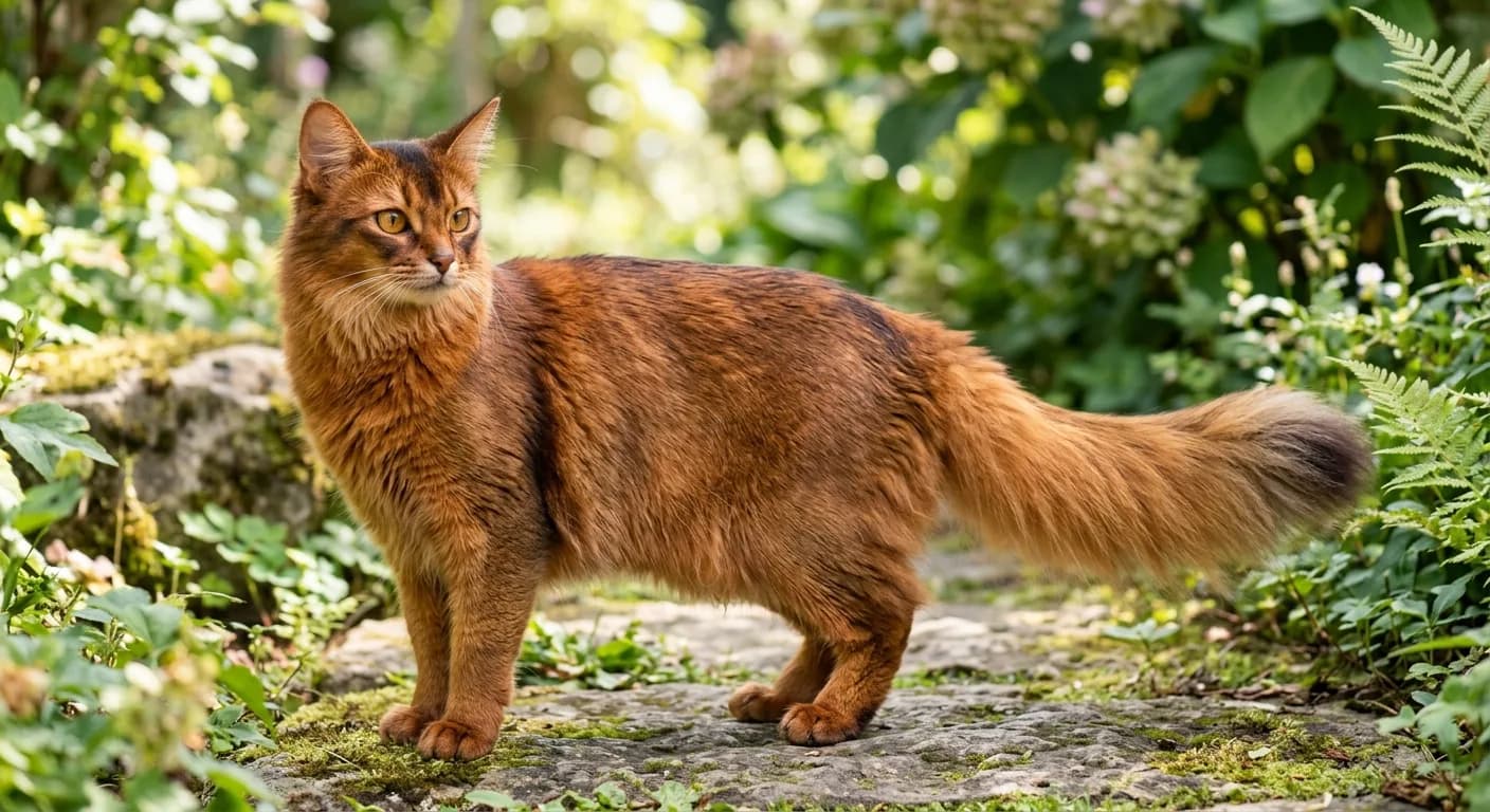 A red-sorrel Somali cat with coppery cinnamon ticking over an apricot-copper undercoat and bushy fox-plume tail
