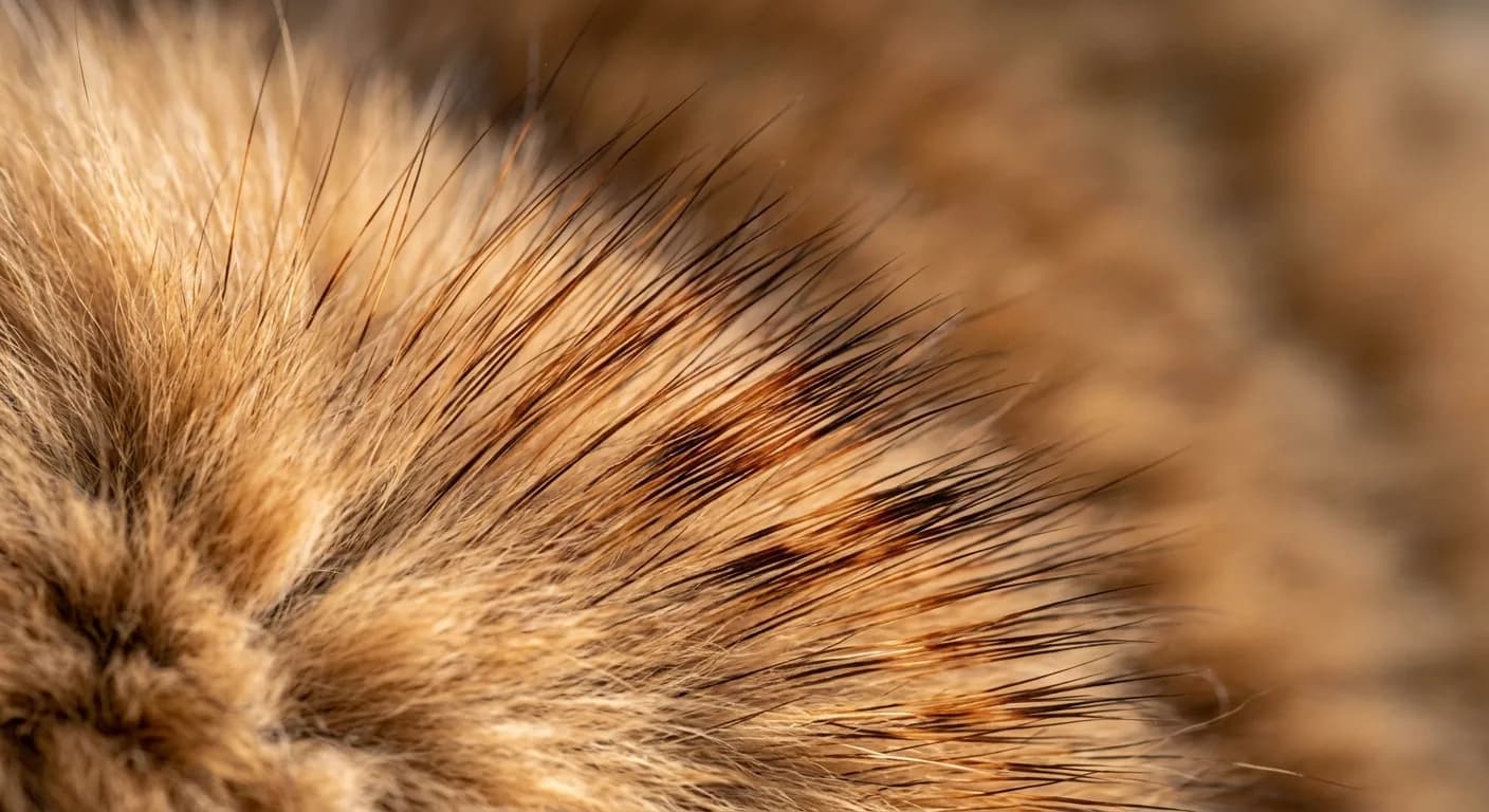 Close-up of a Somali cat semi-long coat showing individual hairs with multiple alternating light and dark agouti ticking bands
