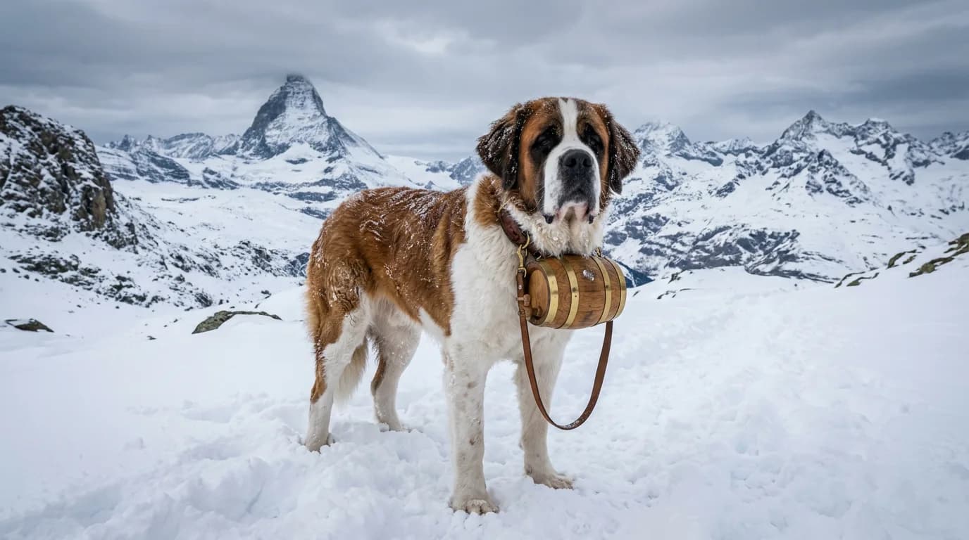 A Saint Bernard standing in deep alpine snow with a small wooden barrel hanging from its leather collar, snowy peaks behind