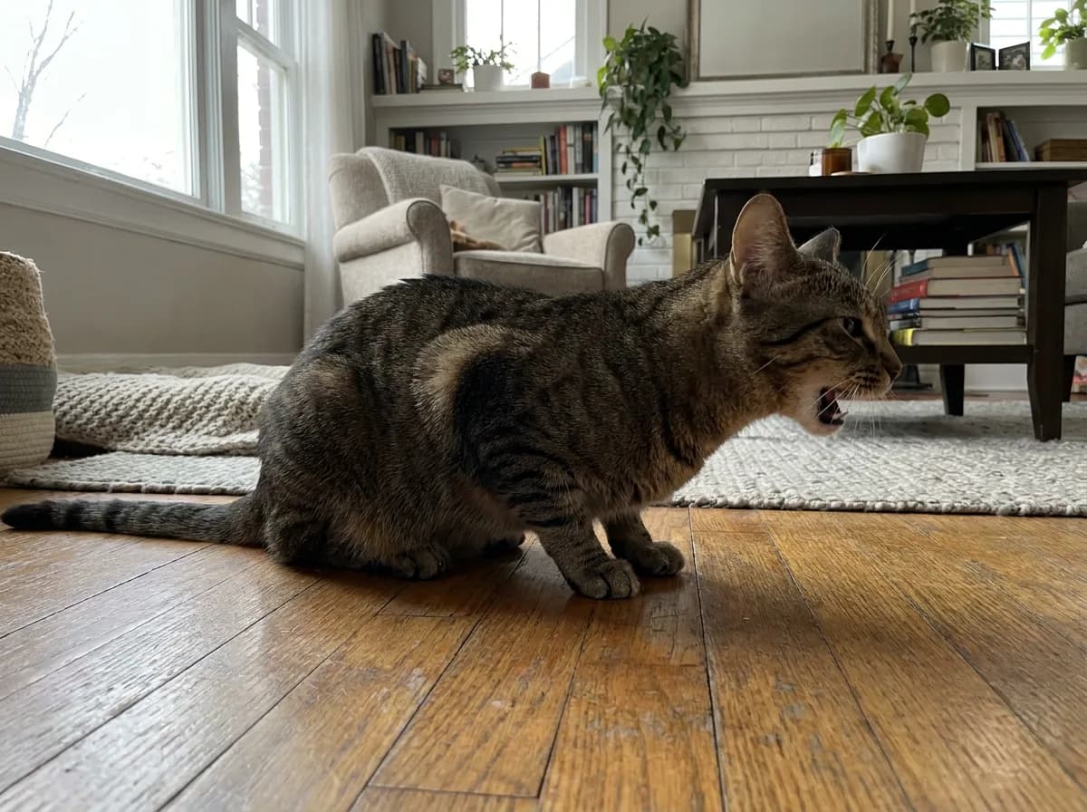 Brown tabby cat crouched on a hardwood floor with neck extended and mouth open mid-cough