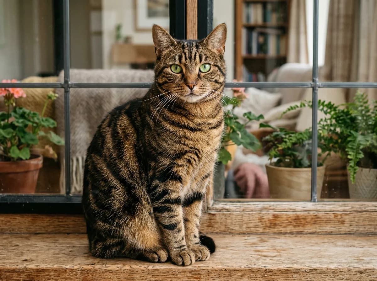 A brown mackerel tabby cat with bold dark vertical stripes and a distinct M-shaped marking on its forehead, sitting in soft natural window light