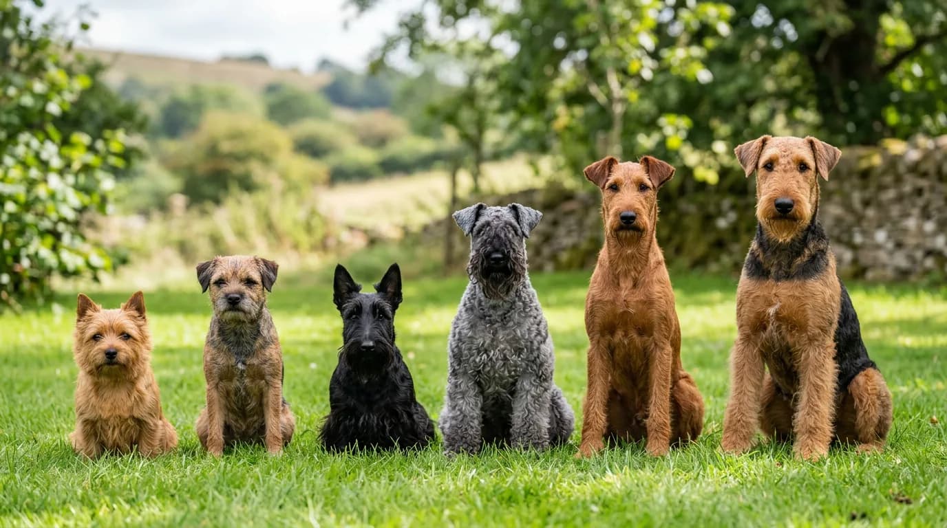 A lineup of six different terrier breeds sitting side by side on green grass, showing size and coat variety from a small Norwich Terrier to a large Ai