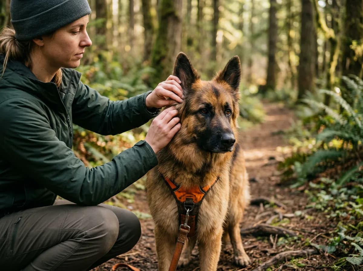A woman in a knit beanie kneels in a forest and parts the fur behind the ear of a German Shepherd wearing an orange harness.