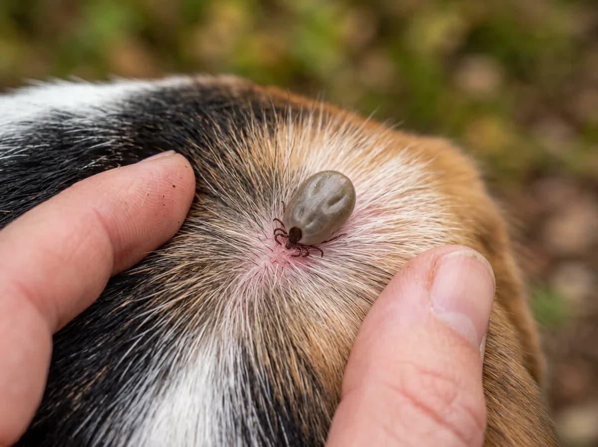 Human fingers part a dog's black, white and tan fur to reveal a grey engorged tick attached to the pink skin.
