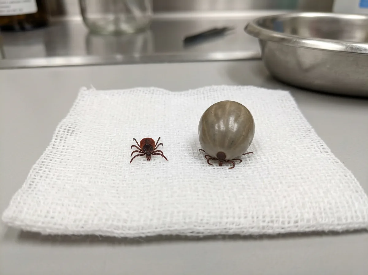 Two ticks rest on white gauze on a clinic counter, a small flat unfed tick beside a much larger grey engorged one.