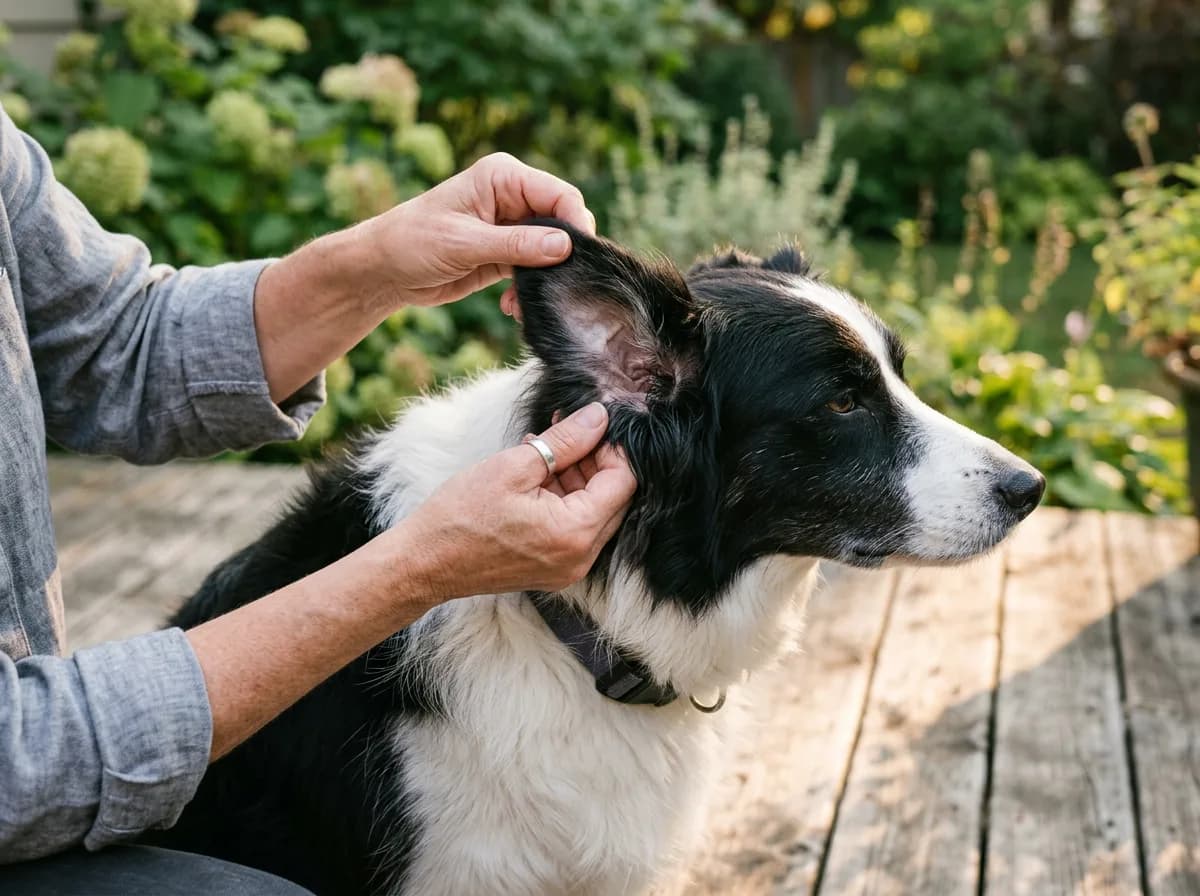 A person lifts the ear of a black-and-white Border Collie to inspect the skin underneath in a sunlit garden.