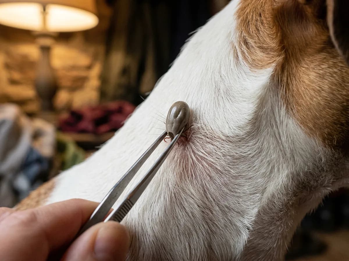 Fine-tipped tweezers grip an engorged tick close to the skin on the flank of a white-and-tan dog indoors.