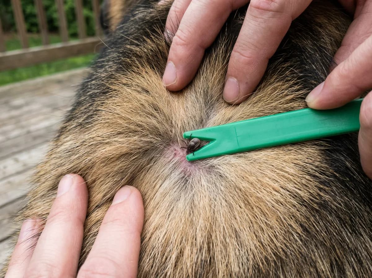 A green tick-removal tool slides against the skin to detach a tick while fingers part a dog's coat outdoors.