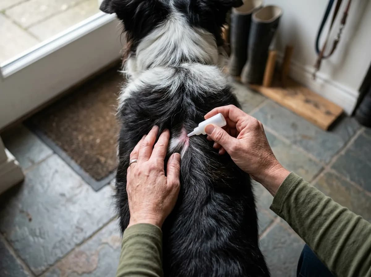 Overhead view of hands applying a white spot-on applicator to parted fur on the back of a black-and-white dog.