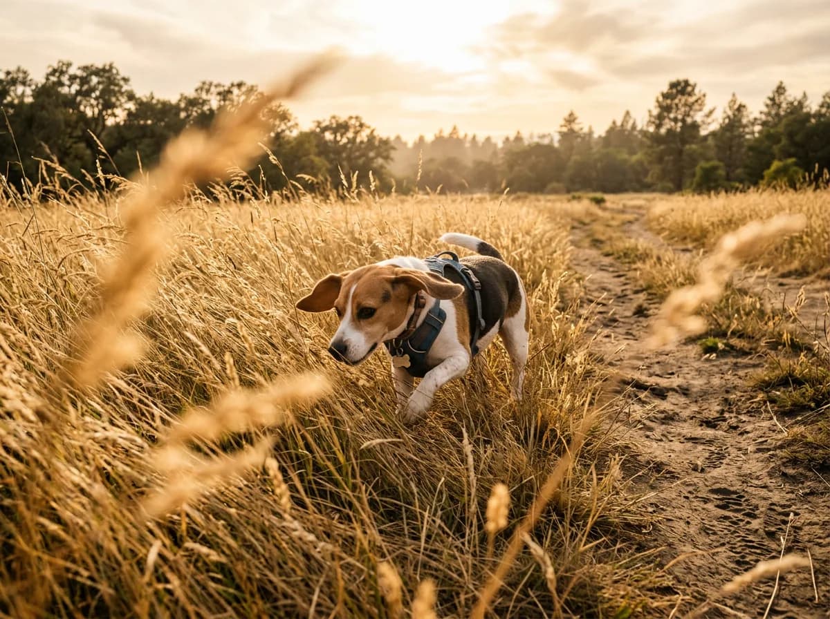 A tricolor Beagle in a harness walks through tall golden grass beside a dirt trail at sunset.