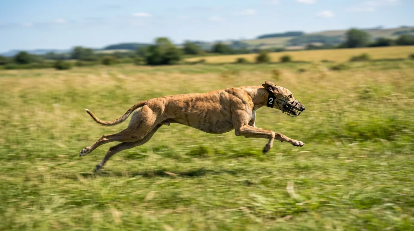 a lean Greyhound at full gallop across an open grass field, all four legs off the ground mid-stride, motion blur behind it, bright daylight