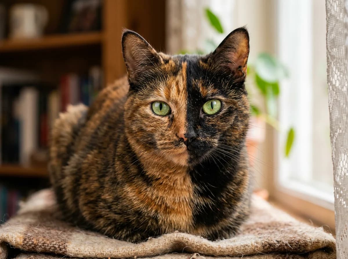 A close-up photoreal portrait of a short-haired tortoiseshell cat with a brindled mosaic of black and orange fur and green eyes, sitting in soft natural window light