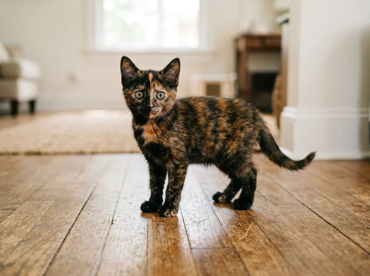 An eight-week-old tortoiseshell kitten standing alert with a clearly defined orange and black brindled coat and bright kitten eyes, photorealistic
