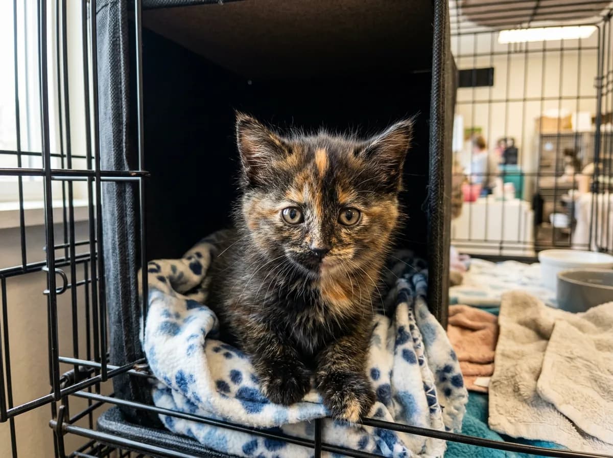 A tortoiseshell kitten in a shelter adoption setting looking out from a cozy cubby, photorealistic