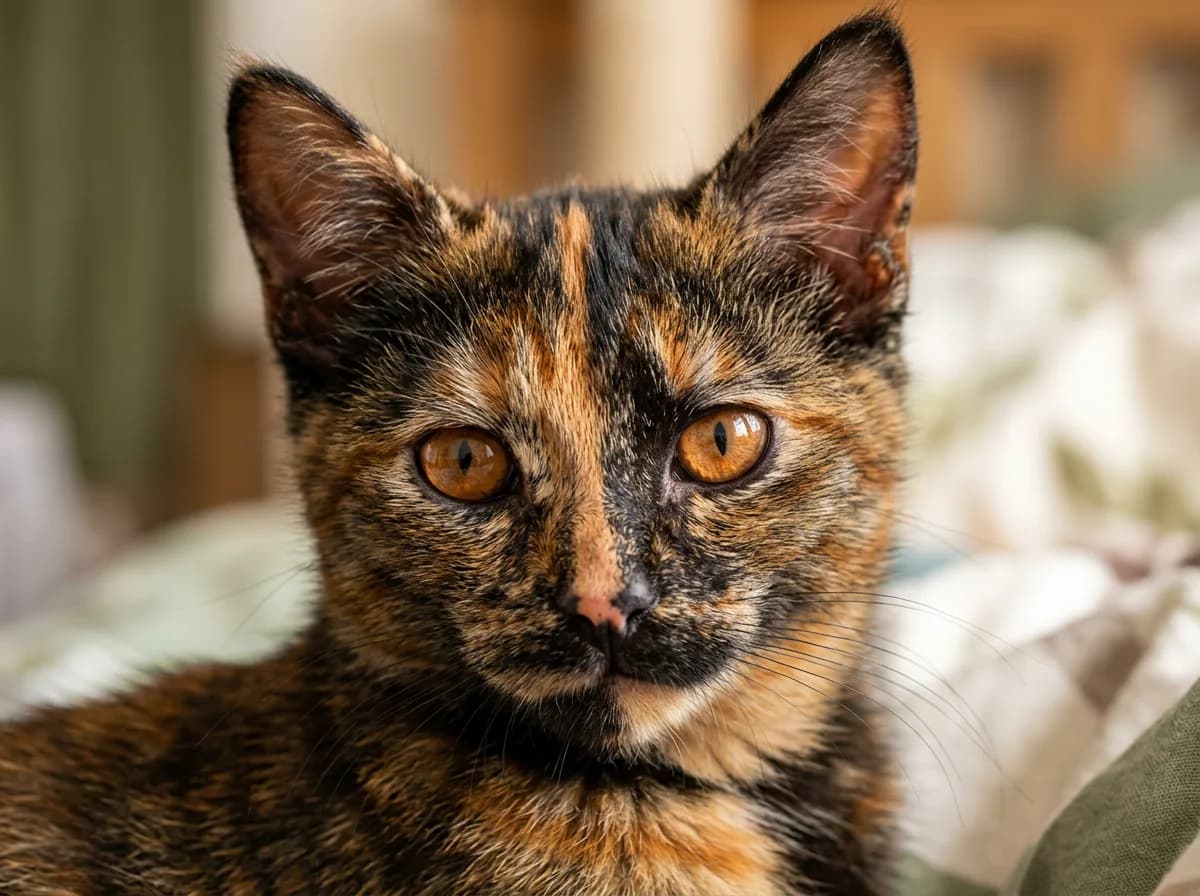 An older tortoiseshell kitten with copper-amber adult eyes, brindled orange and black coat, photorealistic