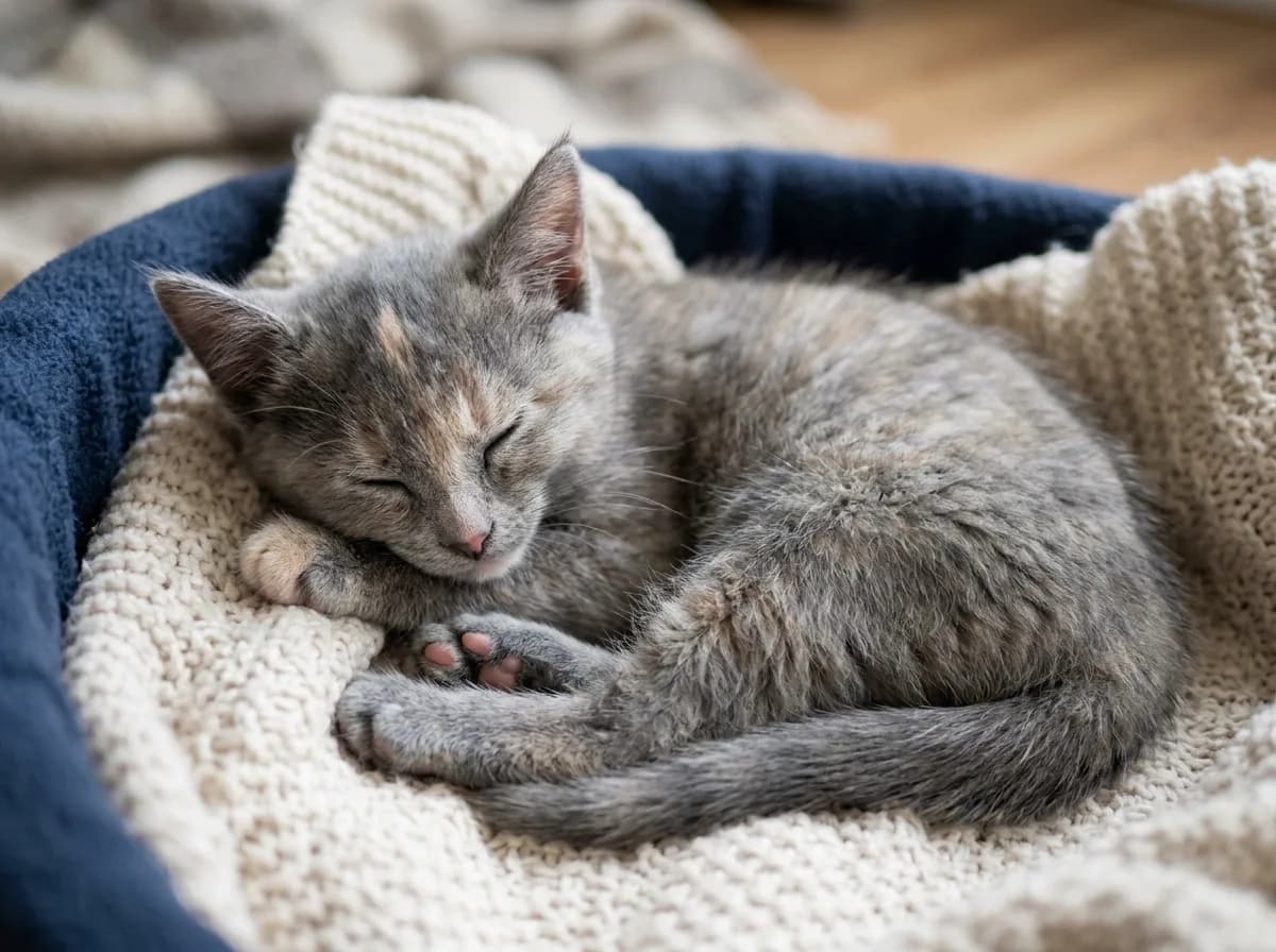 A blue-cream dilute tortoiseshell kitten curled up asleep, soft gray and cream fur, photorealistic