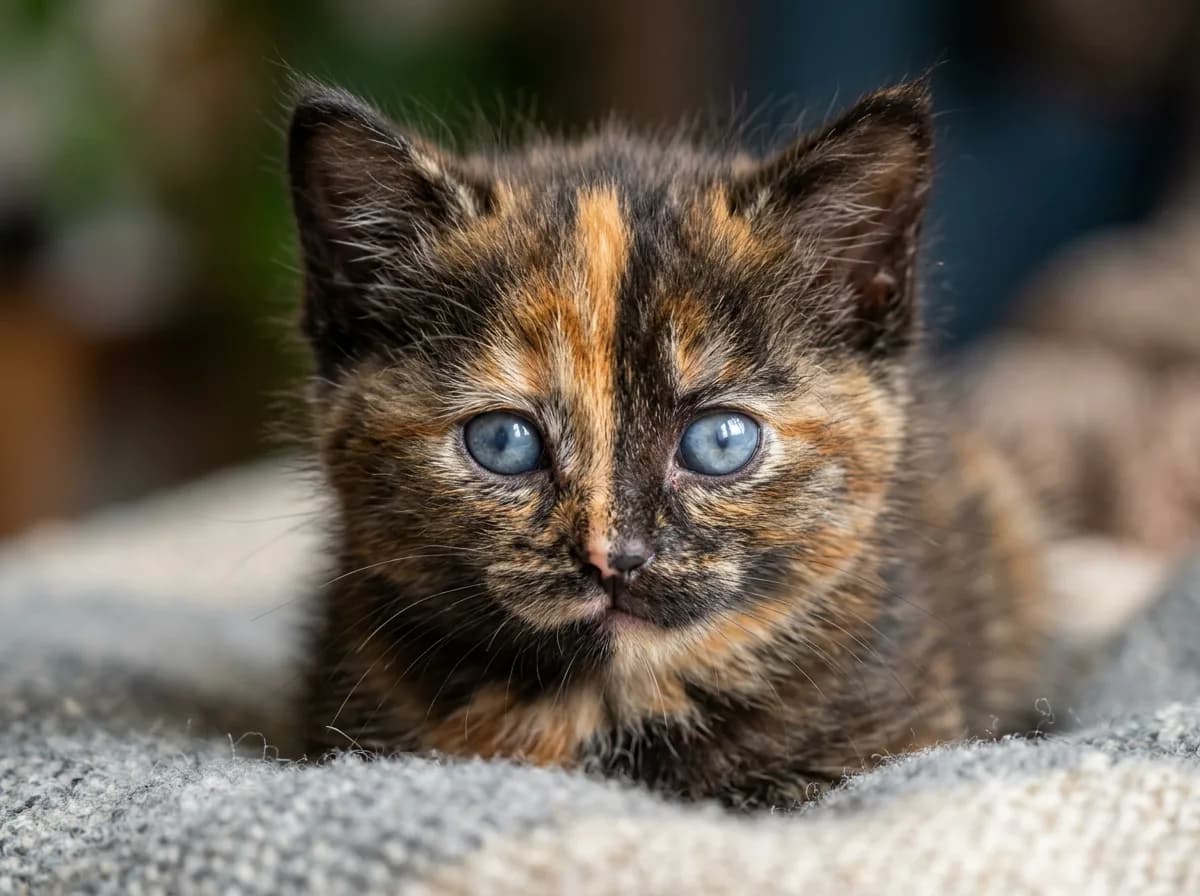 A very young tortoiseshell kitten with cloudy blue baby eyes, brindled coat, photorealistic