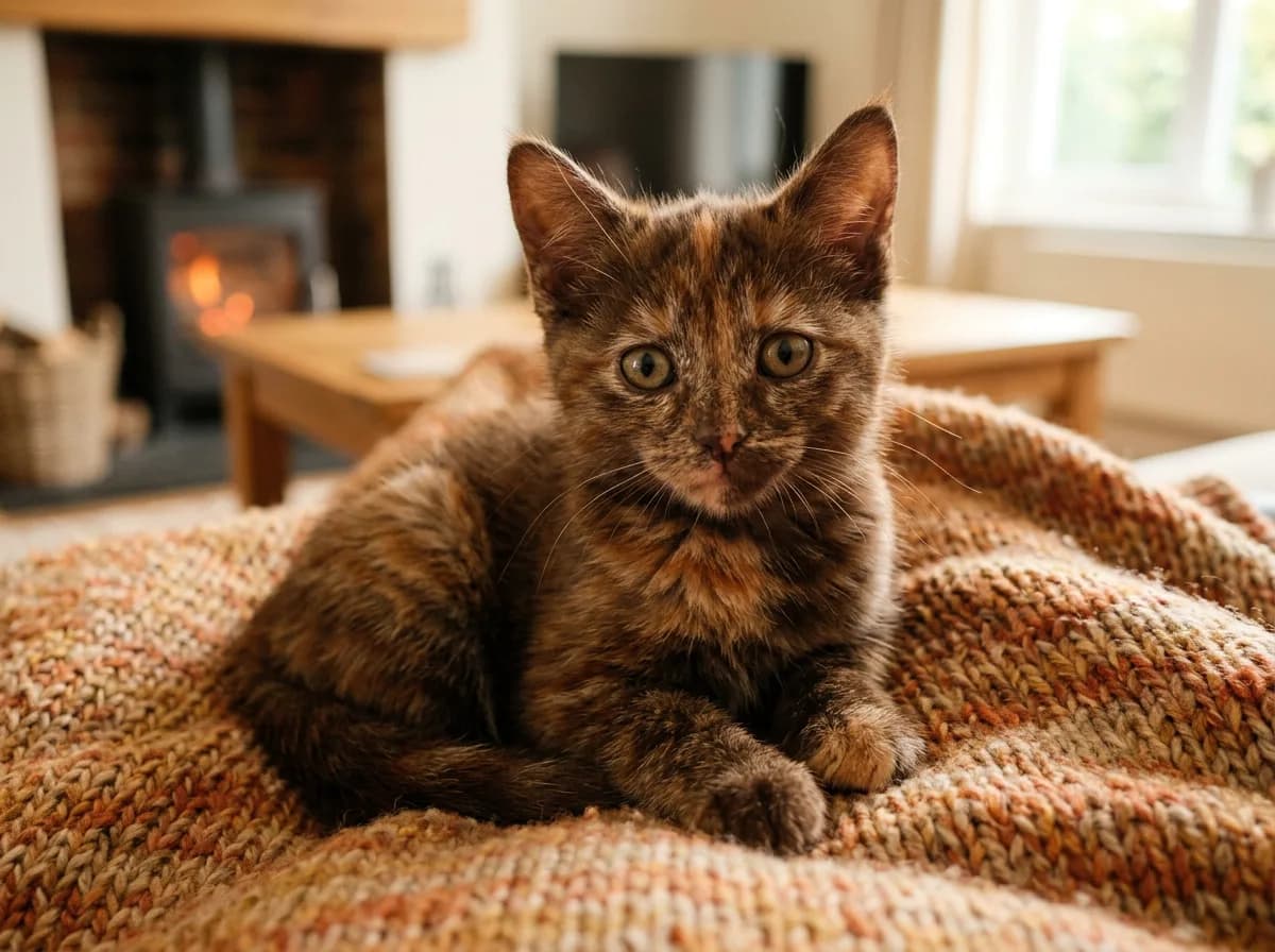 A chocolate tortoiseshell kitten with warm brown and red-orange brindled fur, photorealistic