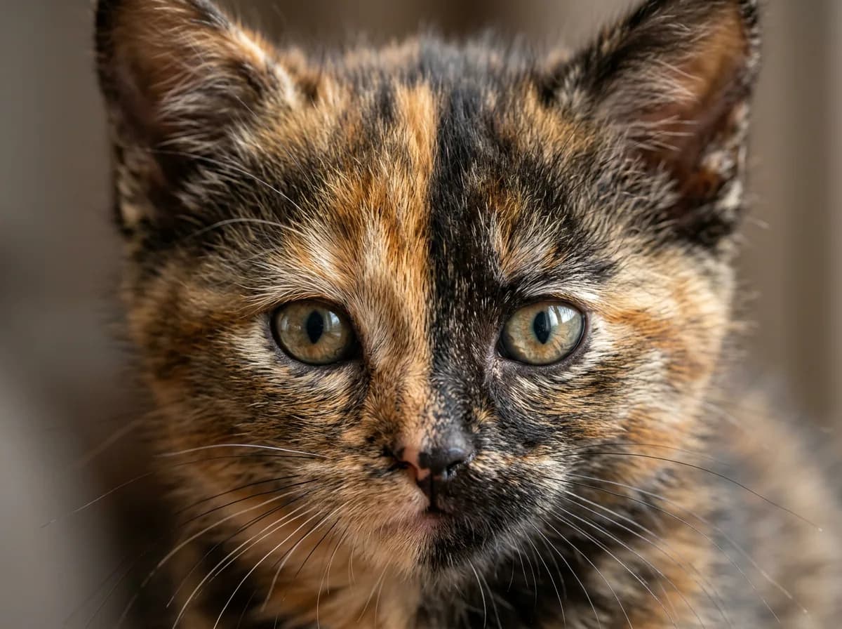 Close-up of a classic black-and-orange tortoiseshell kitten face showing the brindled mix of dark and red fur with no white, photorealistic