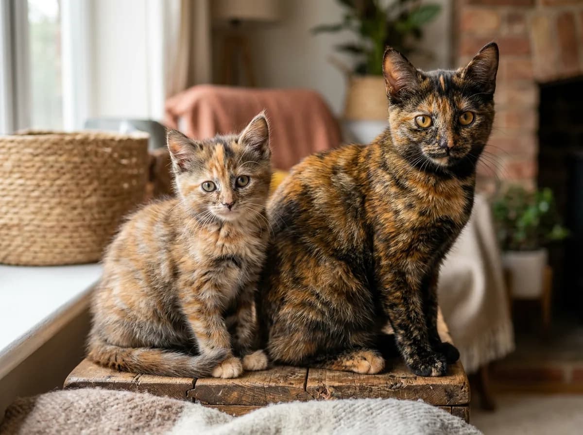 A young tortoiseshell kitten next to an older juvenile tortie showing a richer, more defined coat, photorealistic