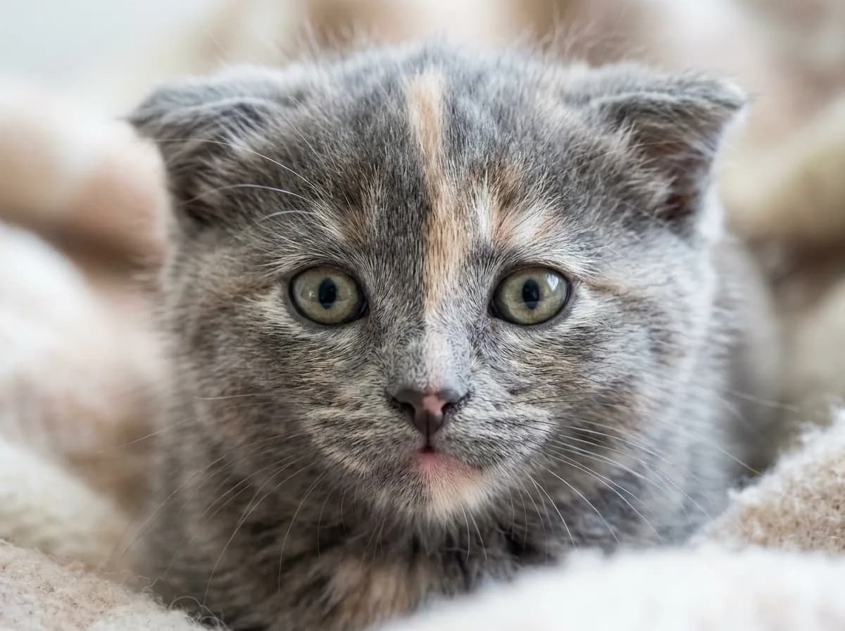 Close-up of a dilute tortoiseshell kitten face showing soft blue-gray and cream mottled fur, photorealistic