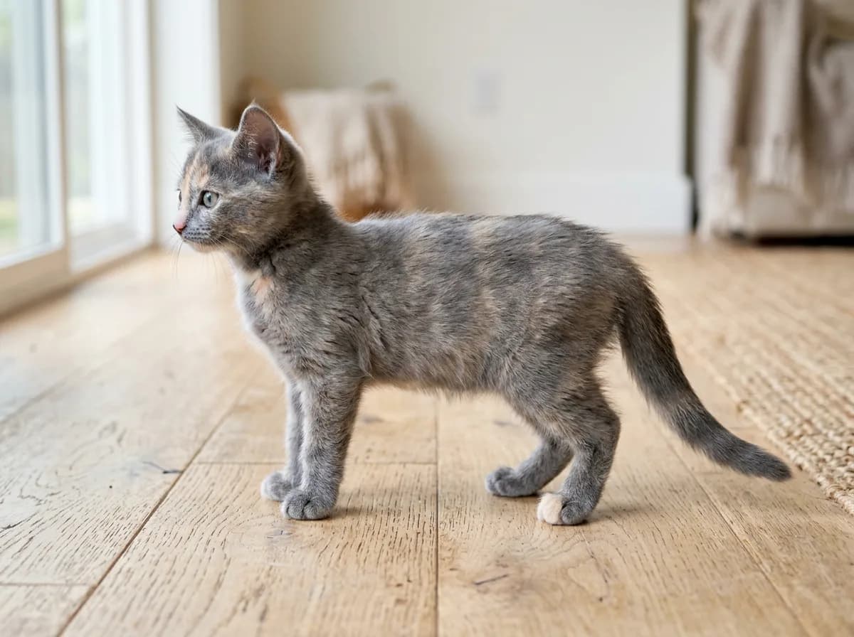 A full-body view of a dilute blue-cream tortoiseshell kitten standing on a wood floor, photorealistic