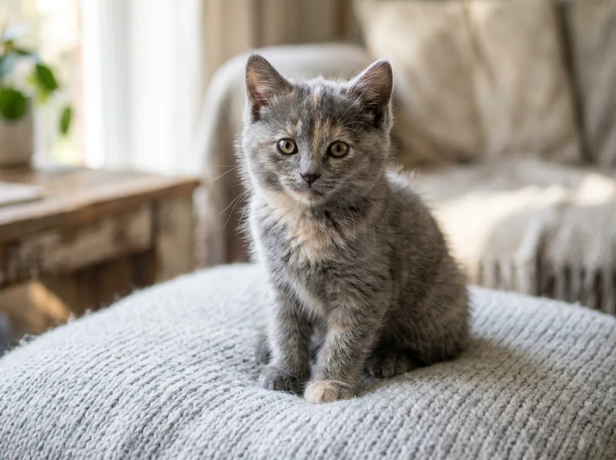 A dilute tortoiseshell kitten with a soft blue-gray and pale cream coat instead of black and orange, photorealistic