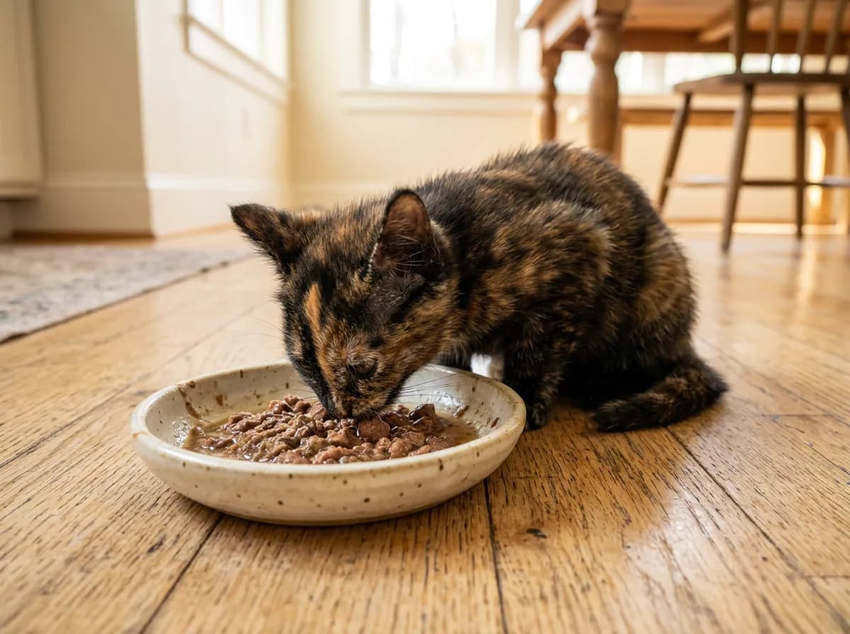 A tortoiseshell kitten eating wet food from a shallow bowl, brindled coat, photorealistic
