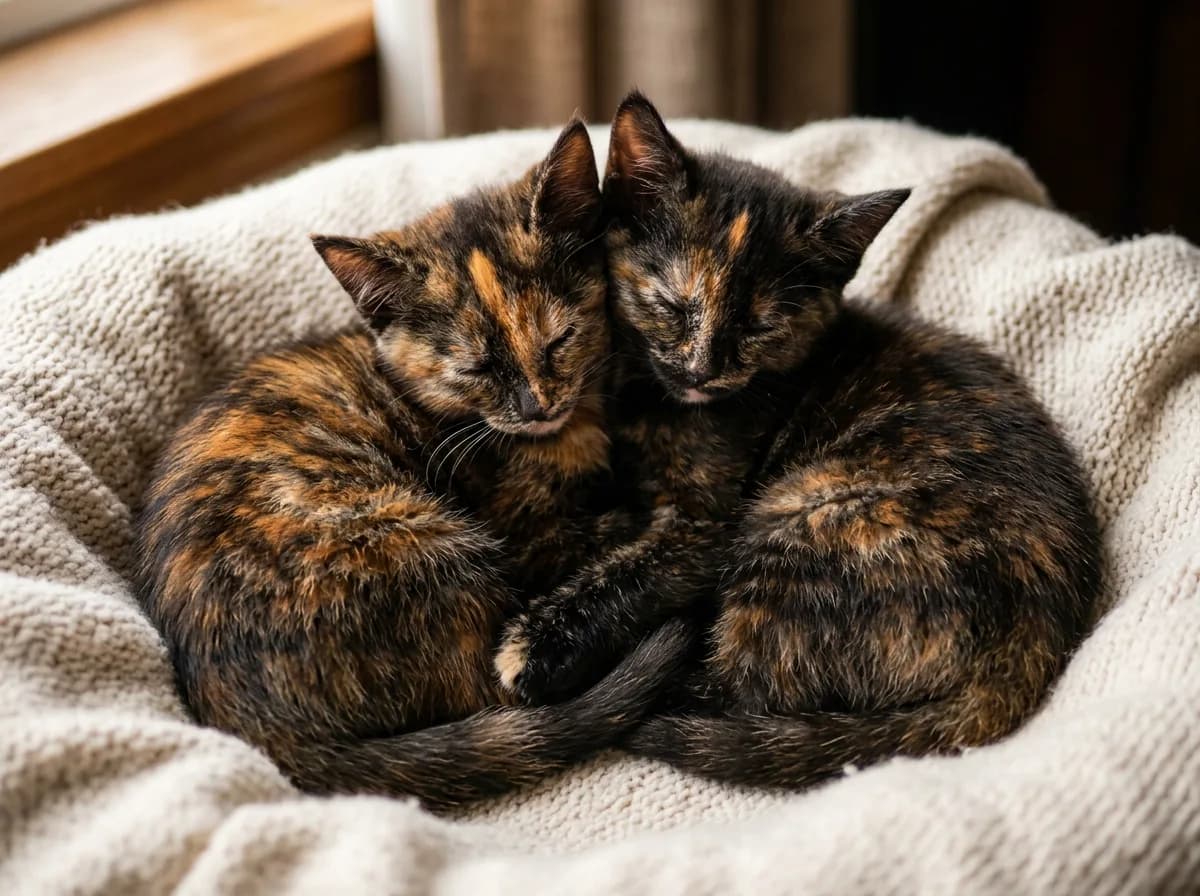 A litter of two tortoiseshell kittens nestled together, brindled orange and black coats, photorealistic