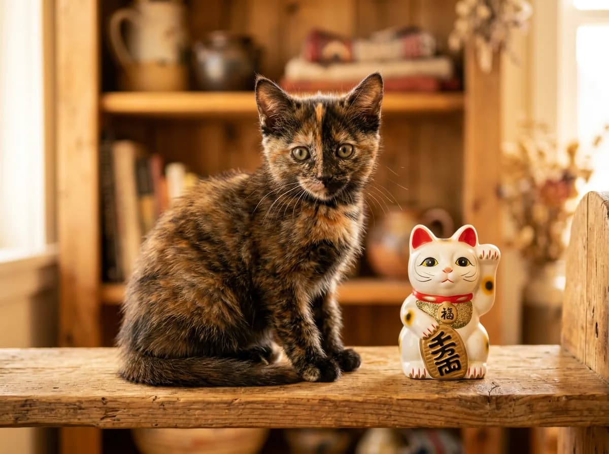 A tortoiseshell kitten sitting on a wooden shelf beside a small white maneki-neko beckoning cat figurine, warm lighting, photorealistic