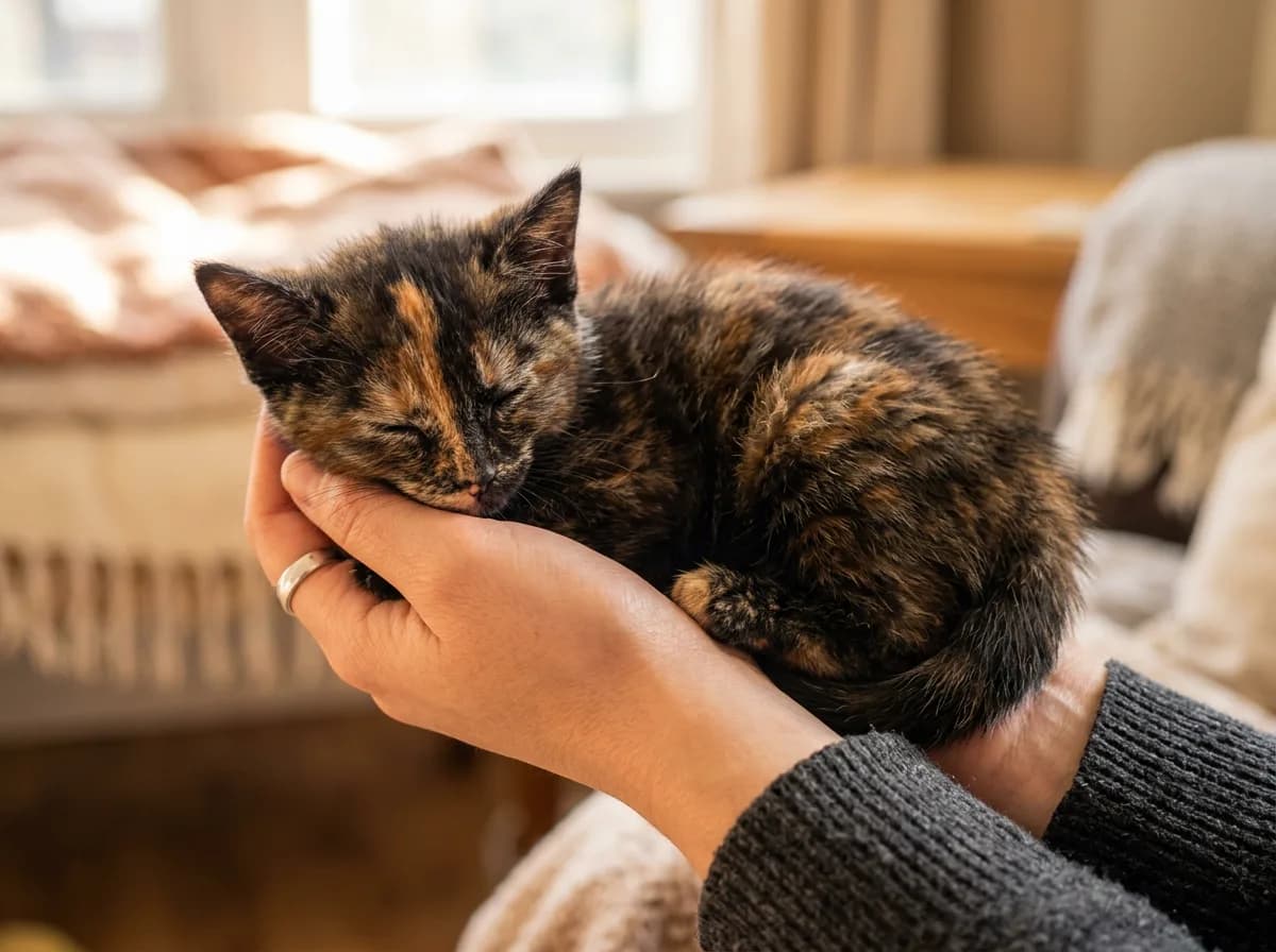A tortoiseshell kitten being gently held in a person's two hands, calm expression, brindled coat visible, photorealistic